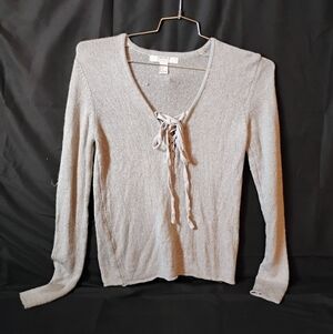 Forever 21 Light Gray Lace-Up V-Neck Sweater